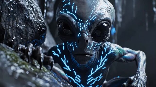 Close-up of a fictional alien creature with glowing blue markings on its face and body, showcasing intricate details