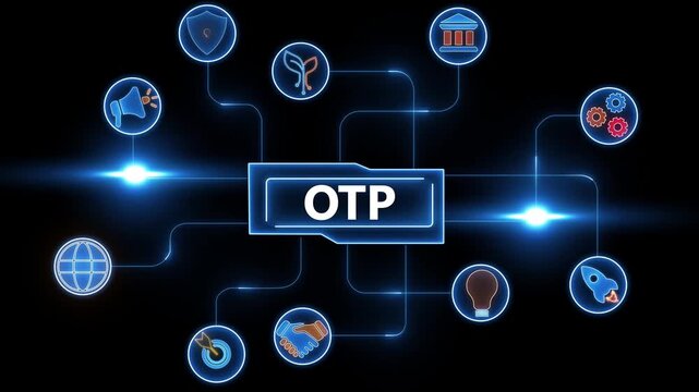 Digital network diagram with central OTP text and surrounding icons representing business and technology concepts on a black background