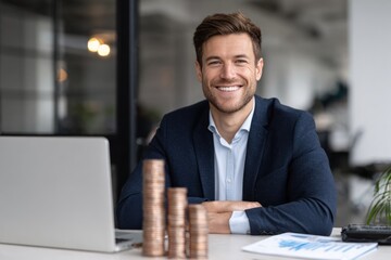 Happy man celebrating investment growth with increasing coins