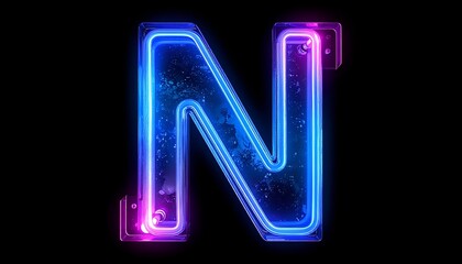 Illuminated neon letter "N" against a black backdrop, exhibiting a vibrant blue/pink glow