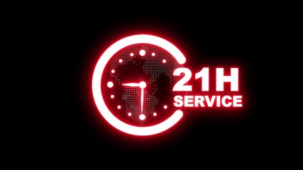 Glowing neon 21 hours service clock icon. Online customer care, live chat support, and real-time customer assistance to ensure complete customer satisfaction. Technology map and dark background 4K. - Powered by Adobe
