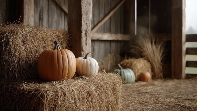 Pumpkin and gourds changing position on hay bale in a rustic barn for autumn or fall farm decoration