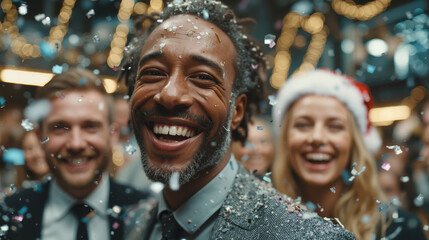 Happy people celebrating New Year and christmas at festive corporate party with confetti and holiday cheer, black man in foreground