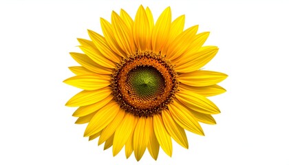 Fototapeta premium Isolated vibrant sunflower with layered petals, central seed head, against a white backdrop