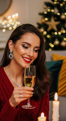 Smiling woman in red sweater holding champagne glass, celebrating Christmas at home with festive decorations and warm, cozy lighting.