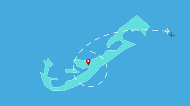 Bermuda,  Hamilton Map with Location Pin and Airplane Travel Route Animation