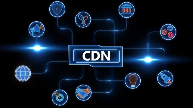 Digital network diagram with CDN in center and various icons connected by lines content delivery network