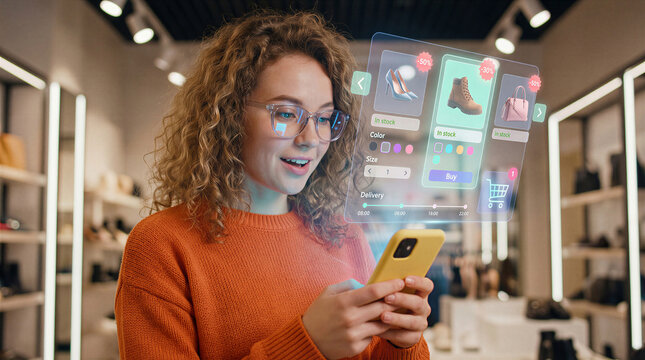 Customer uses smartphone and holographic AR interface for shopping