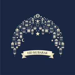 Eid Mubarak archway of lanterns and crescent moon design on dark blue background.