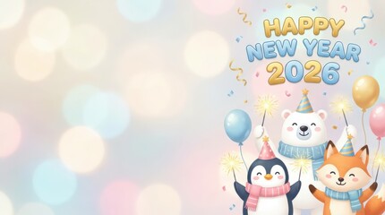 Fototapeta premium Joyful new year celebration 2026 with cute animal characters festive background digital illustration colorful environment cheerful viewpoint holiday spirit for family and friends