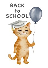 Cute cat holding a balloon with a graduation cap for back to school theme