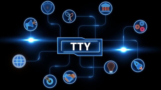 Digital network diagram with central text TY and surrounding icons representing business and technology concepts