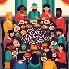 Eid Mubarak Celebration A Diverse Group Feasting Together in Harmony.
