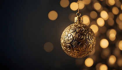 Close-Up Golden Christmas Bauble with Soft Glowing Lights on Dark Festive Background