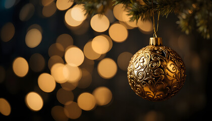 Luxury Golden Christmas Ornament Hanging with Soft Bokeh Lights Creating Festive Holiday Background