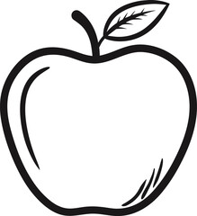 Black and white outline drawing of an apple with a leaf