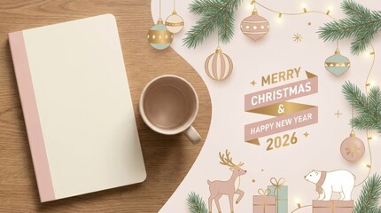 Fototapeta premium Festive holiday greeting card design featuring christmas elements and new year wishes cozy home office setting graphic art warm atmosphere aesthetic viewpoint for seasonal celebrations