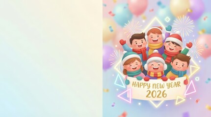 Fototapeta premium Festive new year celebration 2026 with cheerful children colorful balloons and fireworks in a bright environment joyful viewpoint happy concept for holiday greetings