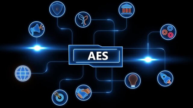 Digital network diagram with AES acronym in center surrounded by icons representing business and technology concepts on a dark background