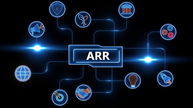 AR acronym in glowing blue box surrounded by interconnected icons on black background business finance