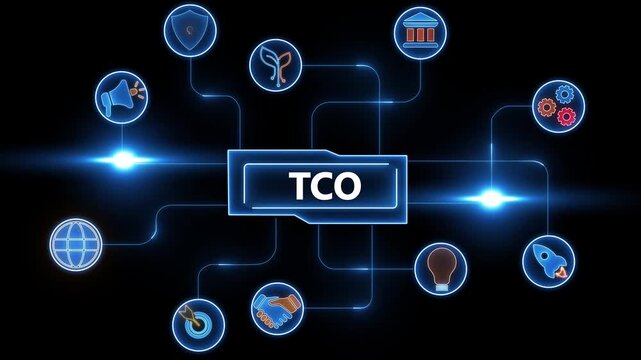 TCO acronym in glowing blue box surrounded by interconnected icons on black background business finance