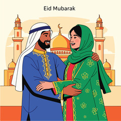 Eid Mubarak Celebration Muslim Couple Embracing in Front of Mosque.