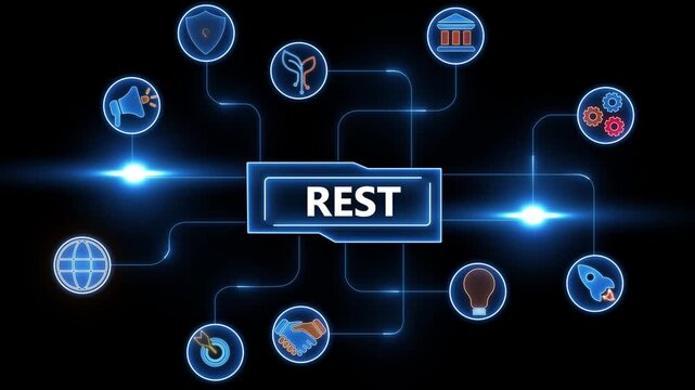 RESTAPI concept diagram with interconnected icons and glowing blue lights on black background REST