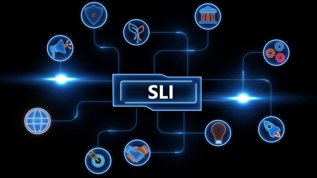 SLI acronym in glowing blue box surrounded by interconnected icons on black background business finance