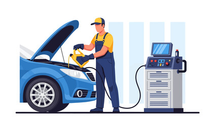 A professional mechanic in blue overalls services a blue car by pouring fresh engine oil under the open hood, while a modern diagnostic machine connected by a black cable monitors the vehicle