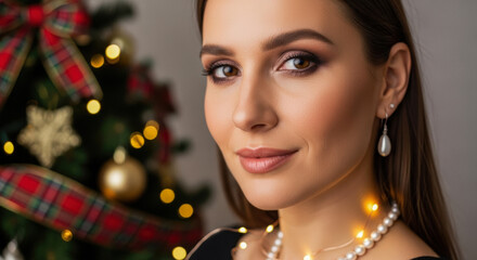 Beautiful young woman with elegant makeup looking directly at the camera amidst a Christmas tree, conveying festive joy and sophisticated beauty.