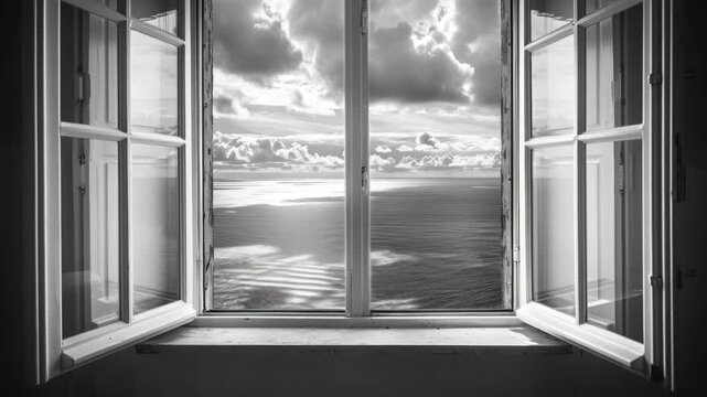 Stormy seas seen through a big rectangular window.