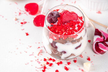 Valentine day brownie cheesecake parfait in glass