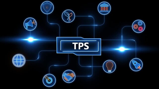 Digital network diagram with central text TPS and surrounding icons representing business concepts