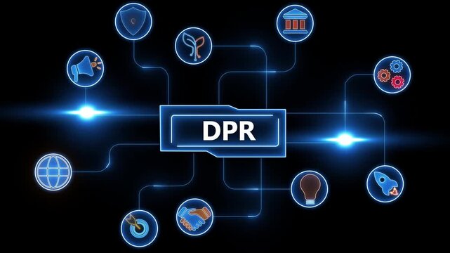 Digital network diagram with central text DPR and surrounding icons representing business concepts