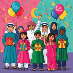 Eid Mubarak Celebration with Children Holding Gifts and Balloons.