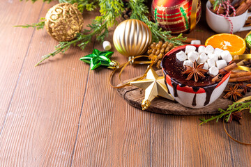 Winter hot chocolate cup with Christmas background
