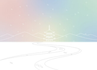 日本の風景イラストとパステルカラーのグラデーション