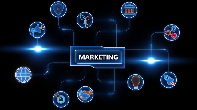 Digital network diagram with central word MARKETING and connected icons representing business concepts