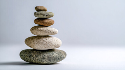 Minimal Art of Balanced Stones on White Background Symbolizing Calm and Stability