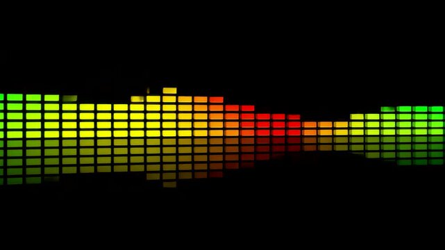 Vibrant colorful sound wave equalizer bars pulsing green yellow red on black reflective background