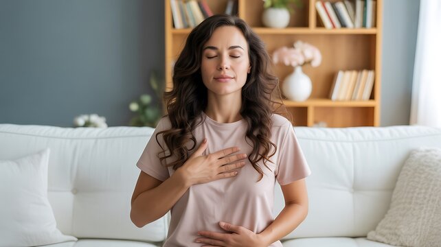 Mindful woman practicing gratitude and self care meditation at home
