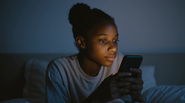 Dark Brown beautiful zoomer typing a message as she is chatting with her beloved person. Generation Z representative is always online