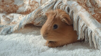 Adorable small brown guinea pig peeking out from under a cozy fringed blanket indoors