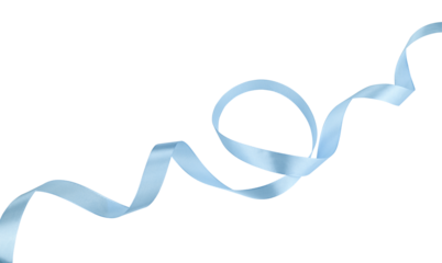Light blue ribbon satin bow curly scroll isolated on a transparent background. Full depth of field. PNG.