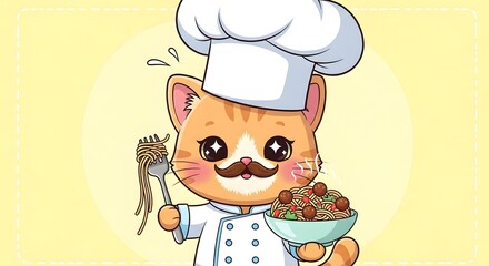Cute kawaii Italian chef kitten character small moustache, oversized chef hat, holding spaghetti bowl, pastel color palette