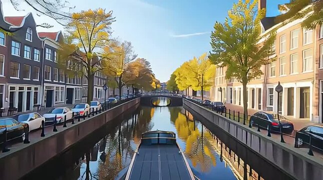 Scenic view from a boat navigating a charming city canal lined with historic European buildings and vibrant autumn trees, reflecting beautifully in the calm water on a sunny day.