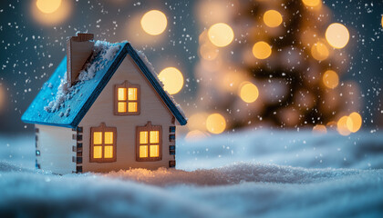 Fototapeta premium Golden house with red ribbon in snowy Christmas lights background, symbolizing warmth, real estate, and holiday joy