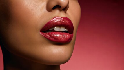 Obraz premium Close up of female lips wearing shiny red lipstick beauty makeup 