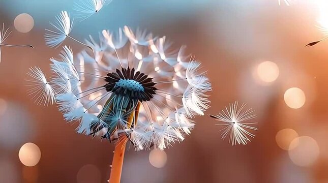 Delicate dandelion seeds float freely in warm, soft sunlight, creating a tranquil and ethereal natural scene with a beautiful bokeh background.