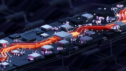 Abstract blue background with space for your text featuring a closeup of a computer motherboard circuit board and digital electronic components